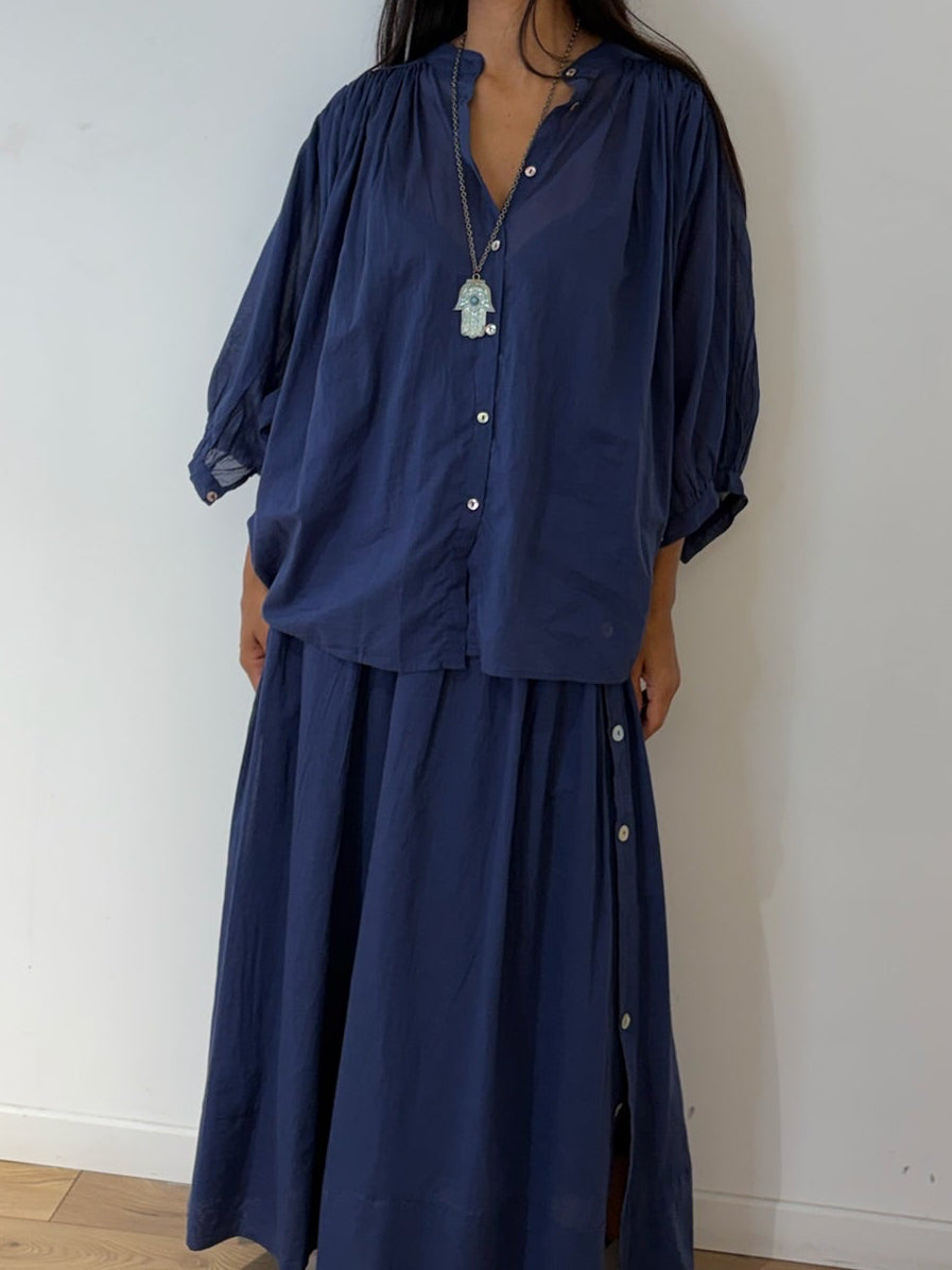 Chemise en voile de coton – Bleu marine / rose fuchsia