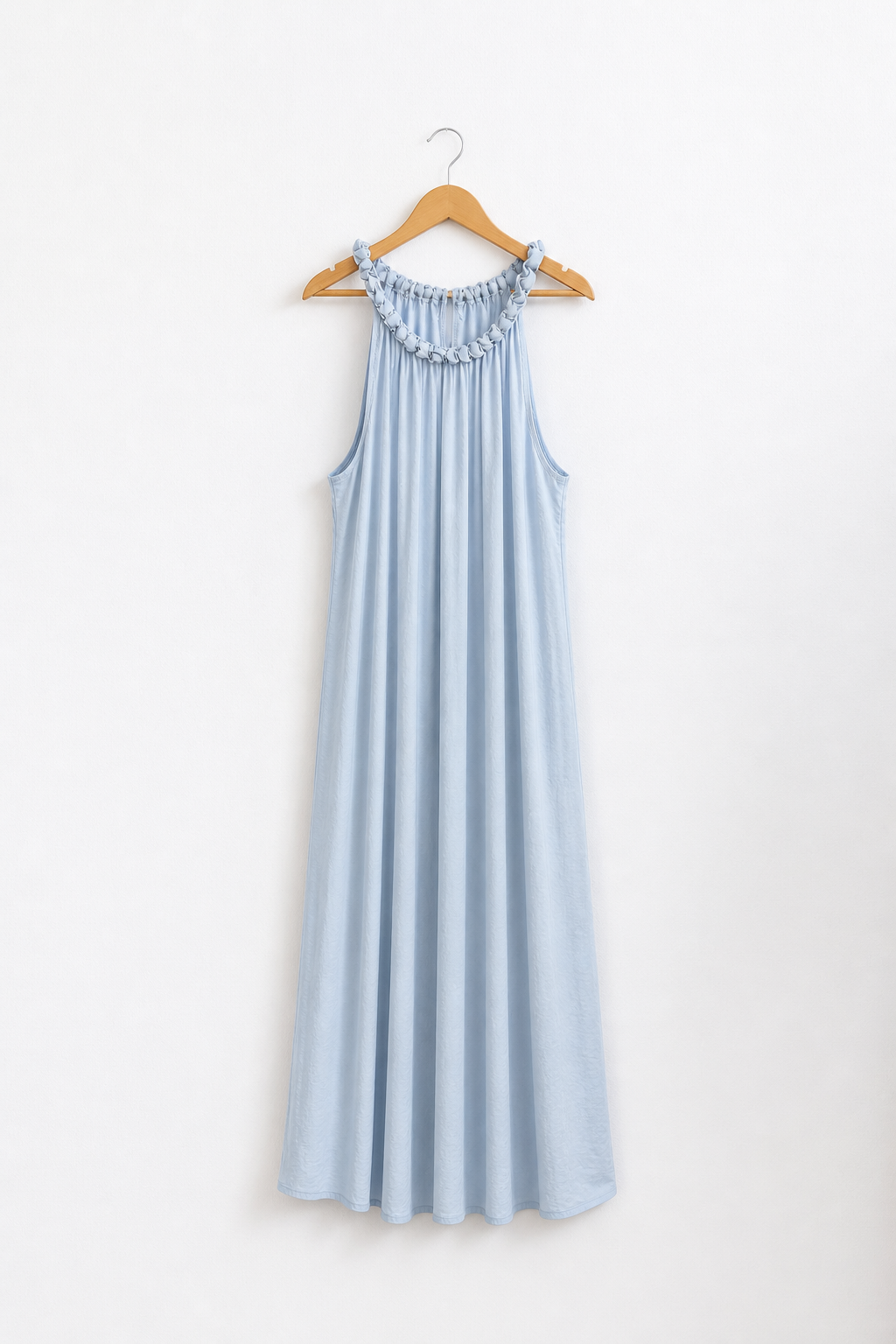 Robe Longue Fluide Bleu Coton – Col Froncé & Bretelles Nouées
