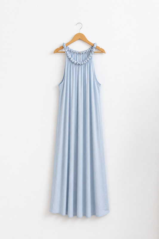 Robe Longue Fluide Bleu Coton – Col Froncé & Bretelles Nouées