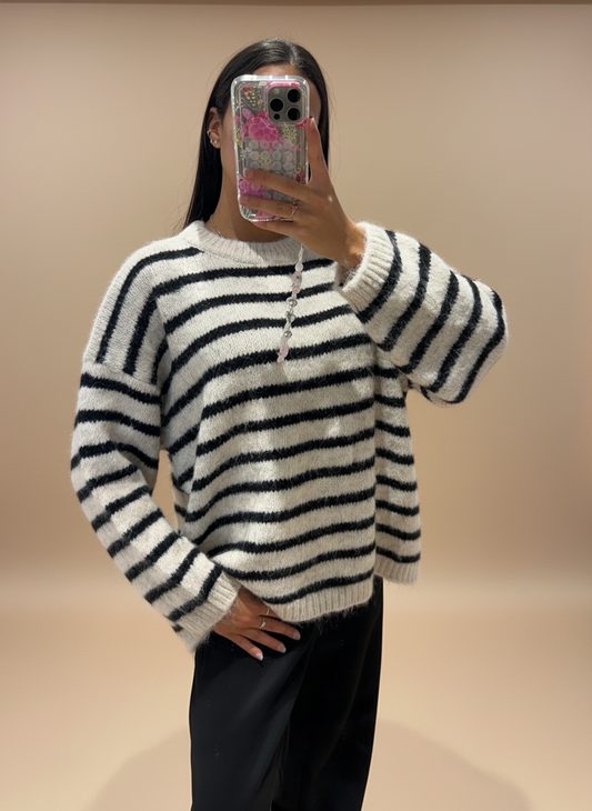 Pull marinière noir et beige en Laine Melangé - 2 Coloris
