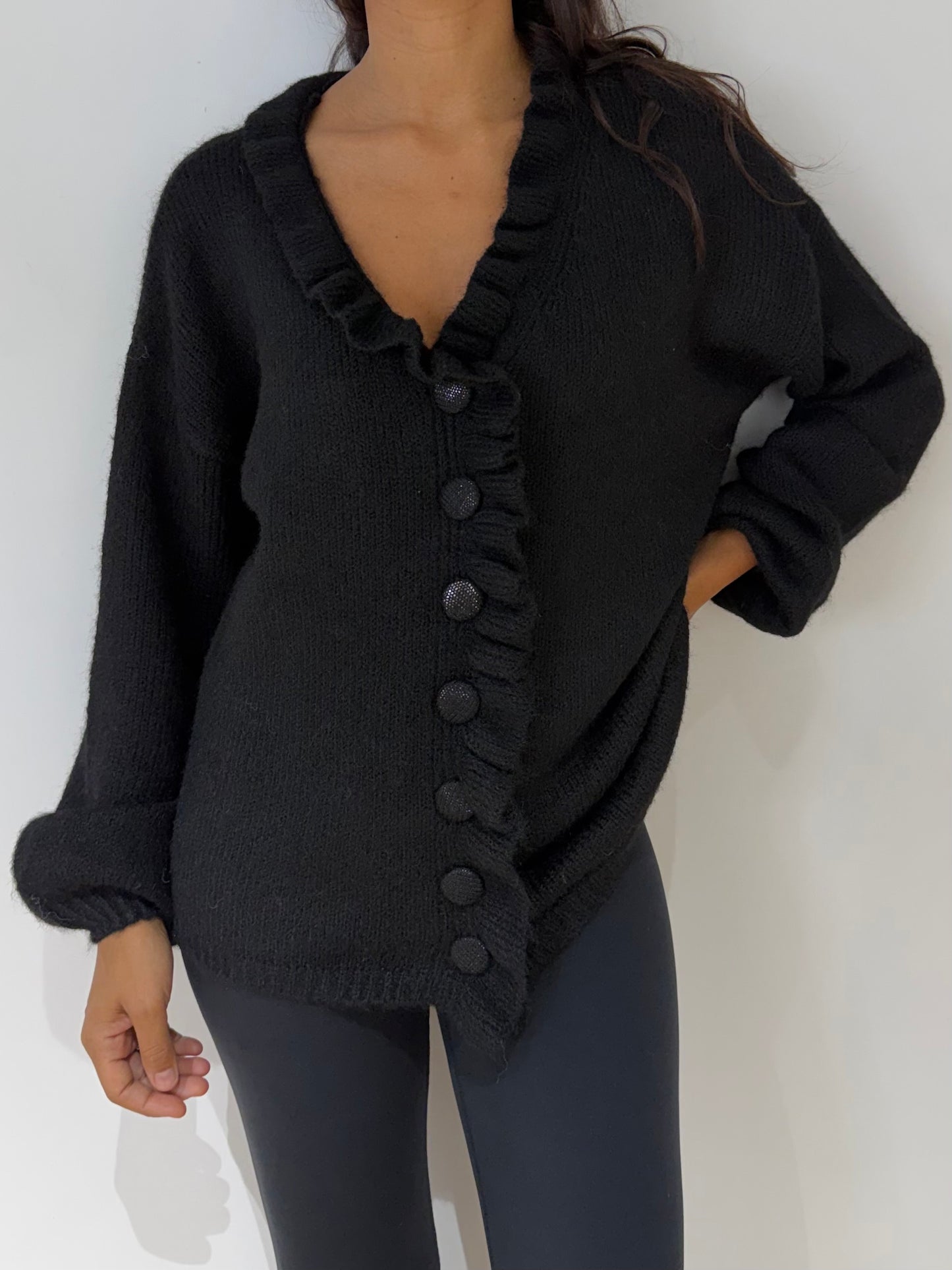 Gilet bouton et froufrou laine mélange