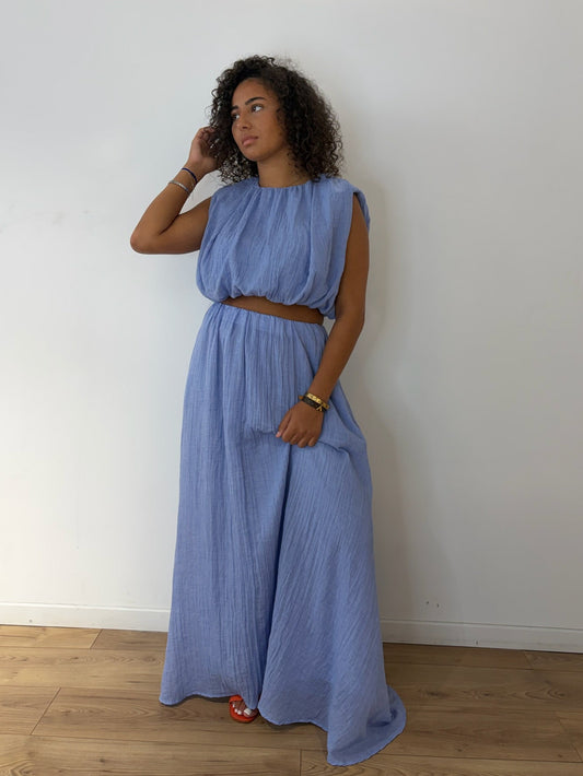 Ensemble blouse à épaulettes et jupe longue bleu jeans
