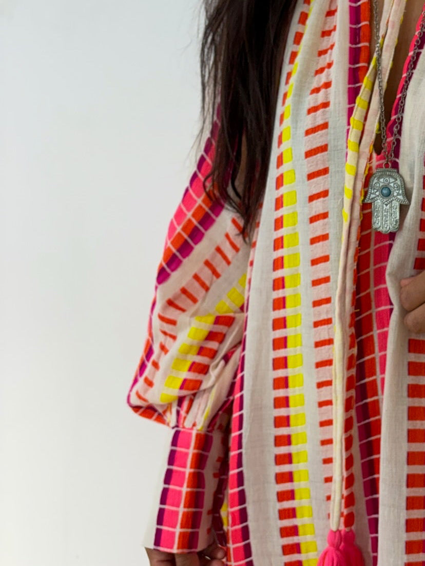 Robe longue en coton jacquard effet lin