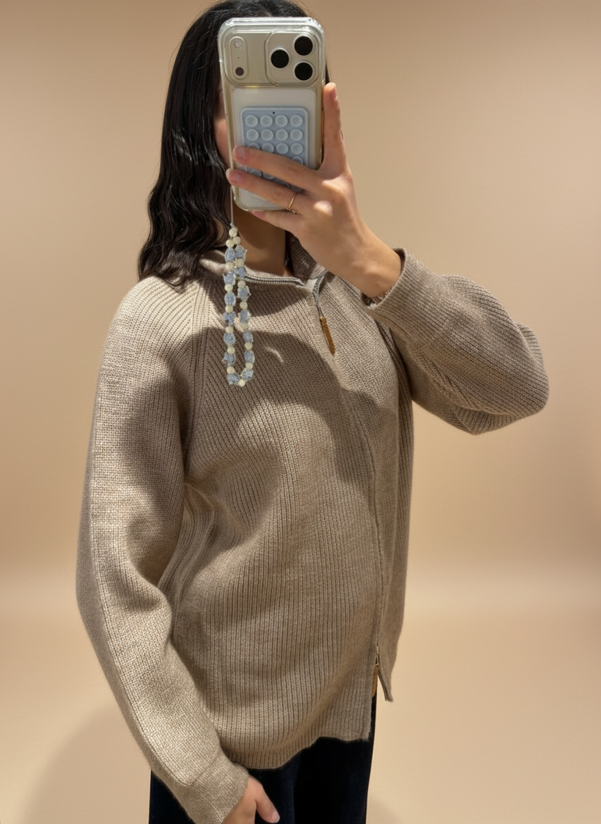 Veste zippée maille femme beige gris casual chic sport Kata Paris