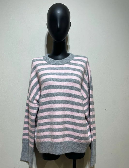 Pull rayé femme bicolore gris jaune rose léger Kata Paris