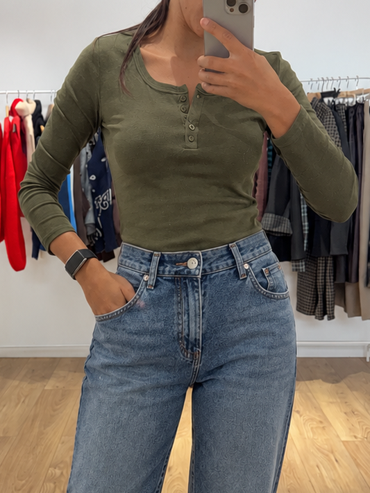 Haut basique manches longues à boutons en coton – vue 3