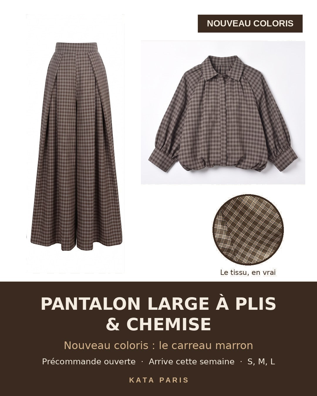 Pantalon large à plis & chemise – nouveau coloris carreau marron, précommande