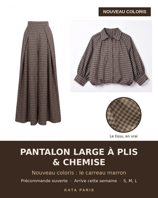 Pantalon large à plis & chemise – nouveau coloris carreau marron, précommande