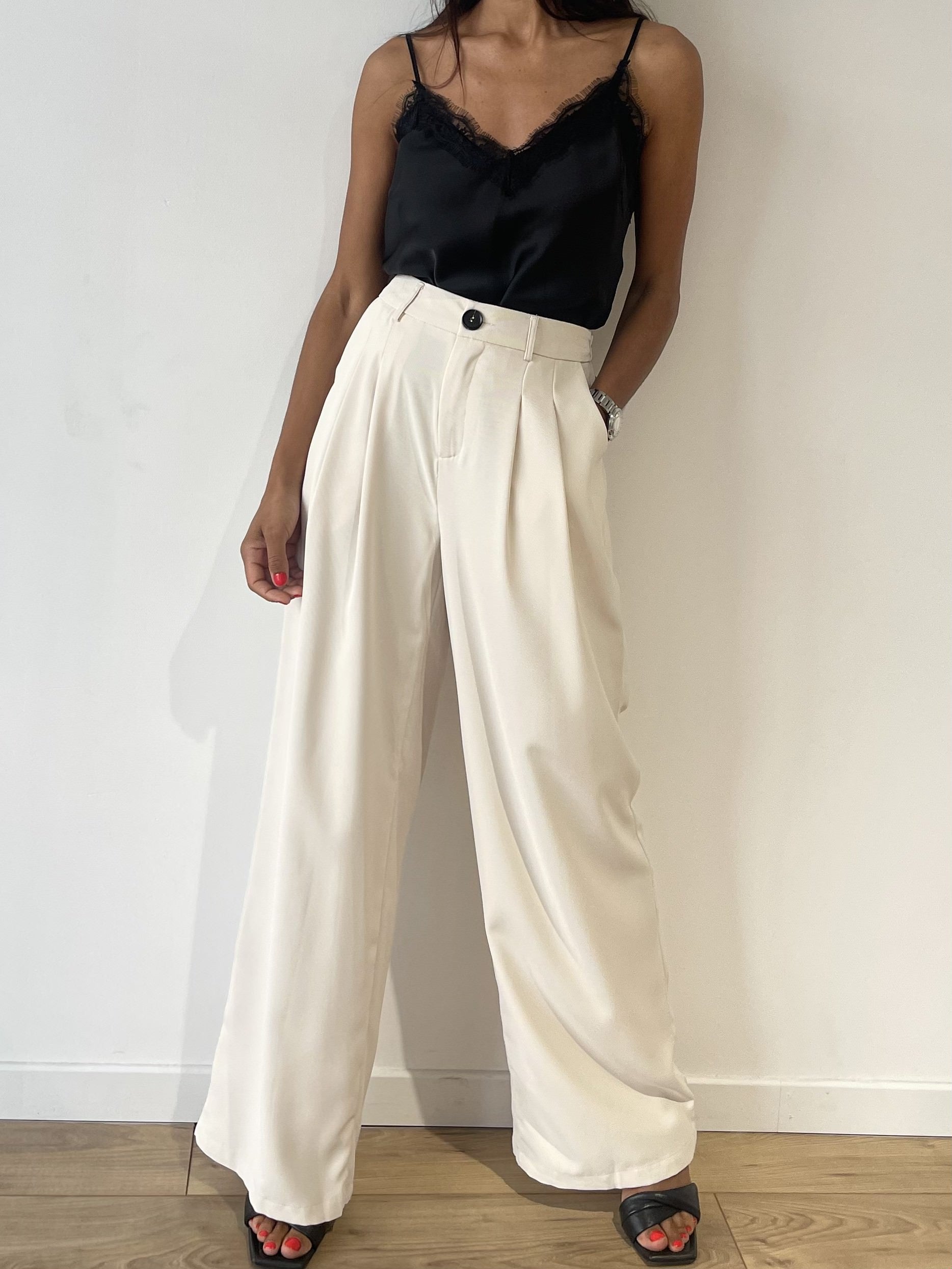 Pantalon blanc large taille haute avec plis Paris vintage