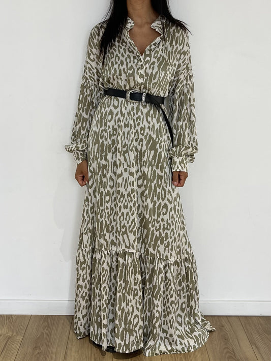 Robe maxi léopard en kaki clair, parfait pour toutes occasions