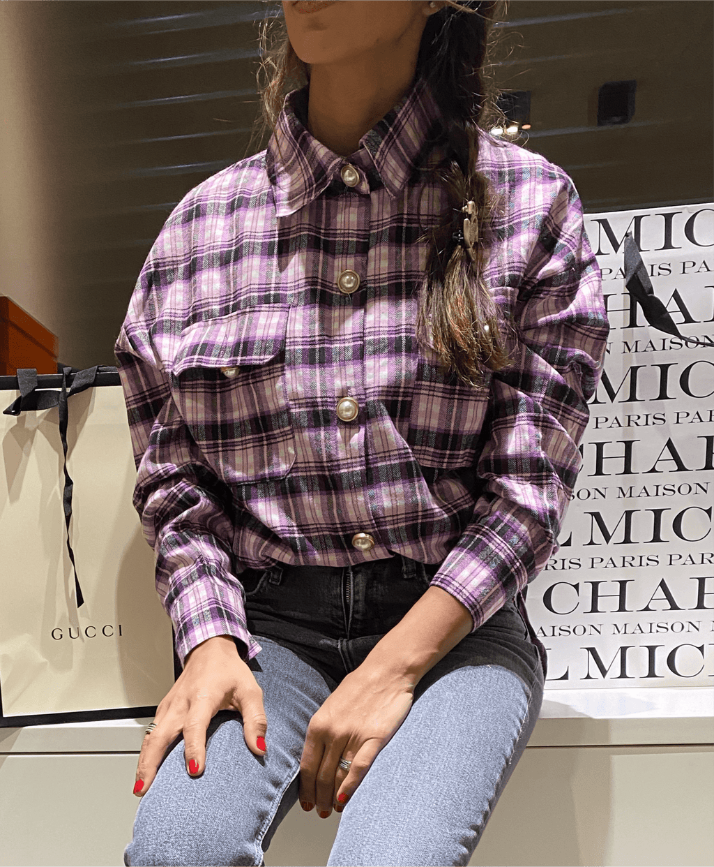 Chemise à carreaux violet femme style Istanbul