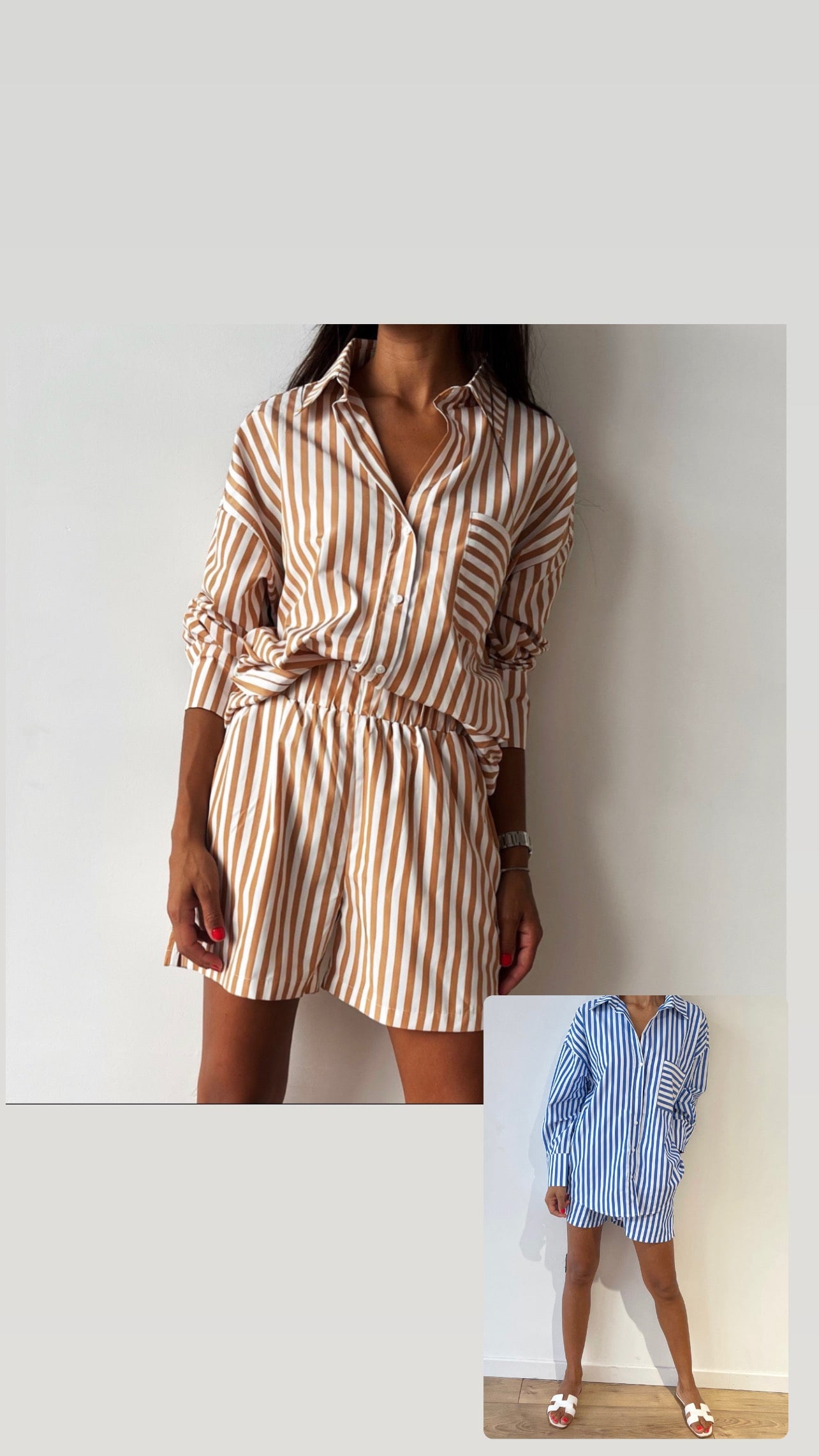 Collage de deux ensembles shorts à rayures pour femmes, en nuances bleu-blanc et beige-blanc