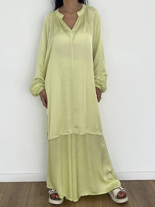 Ensemble vert pâle Damas en soie, tenue fluide et lumineuse pour toutes occasions