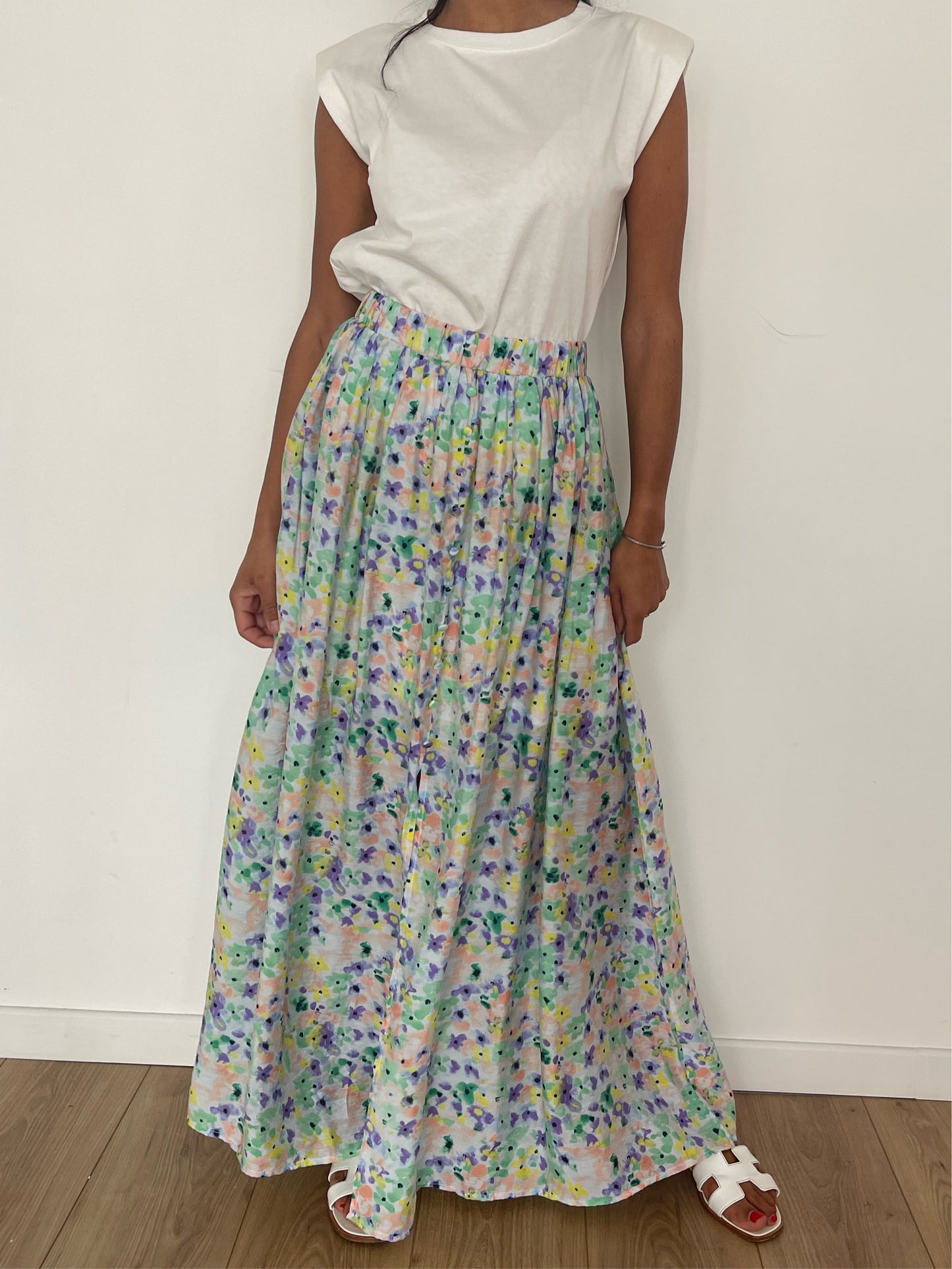 Jupe longue d'été légère pour femme avec imprimé floral multicolore"