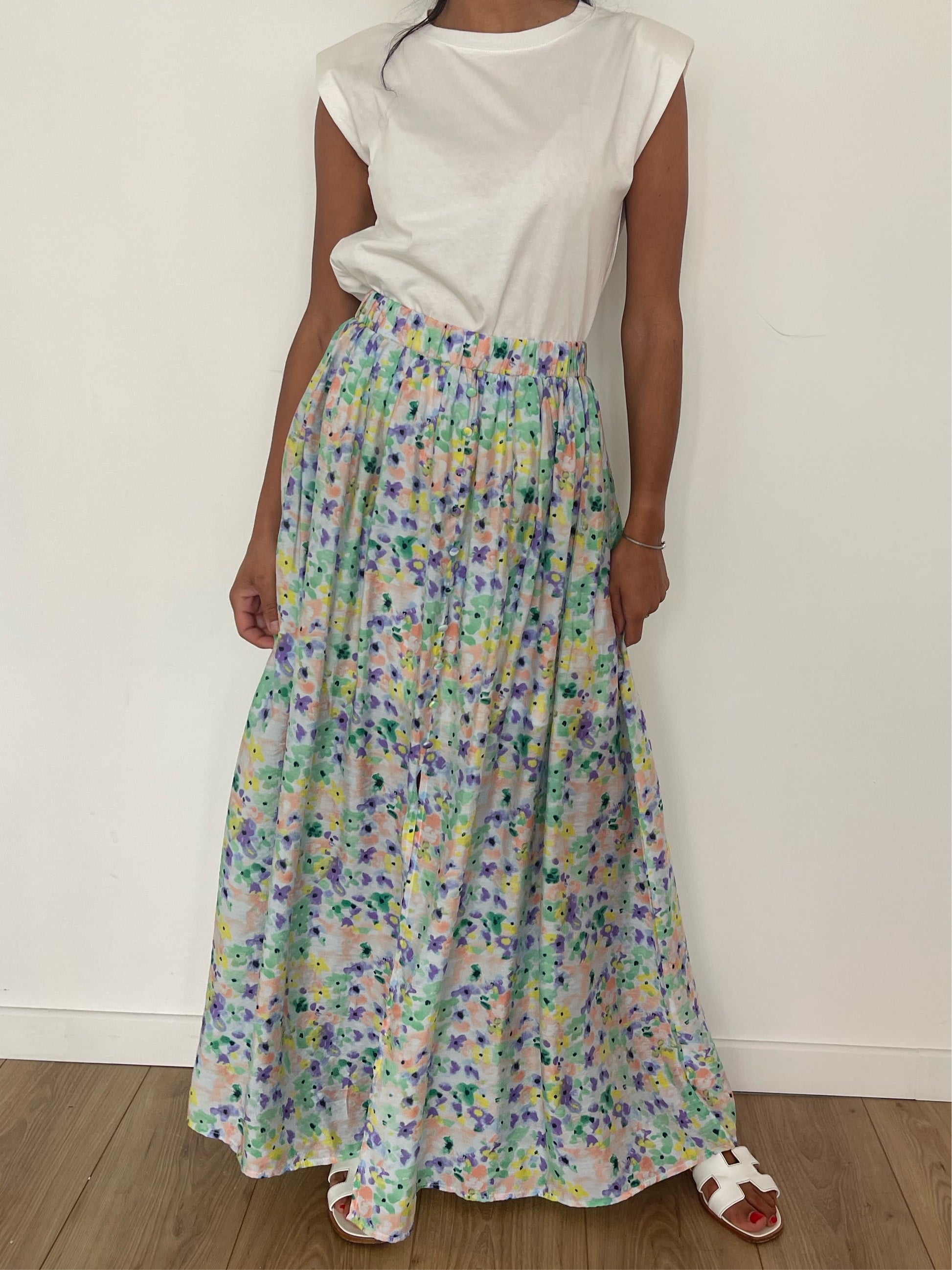 Jupe longue d'été légère pour femme avec imprimé floral multicolore"