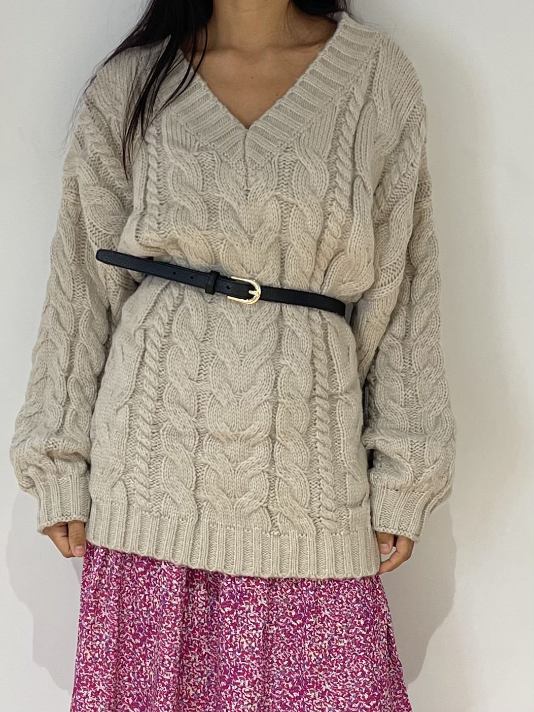 Pull oversize en maille torsadée de couleur crème