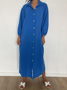 Robe longue en gaze de coton bleu azur