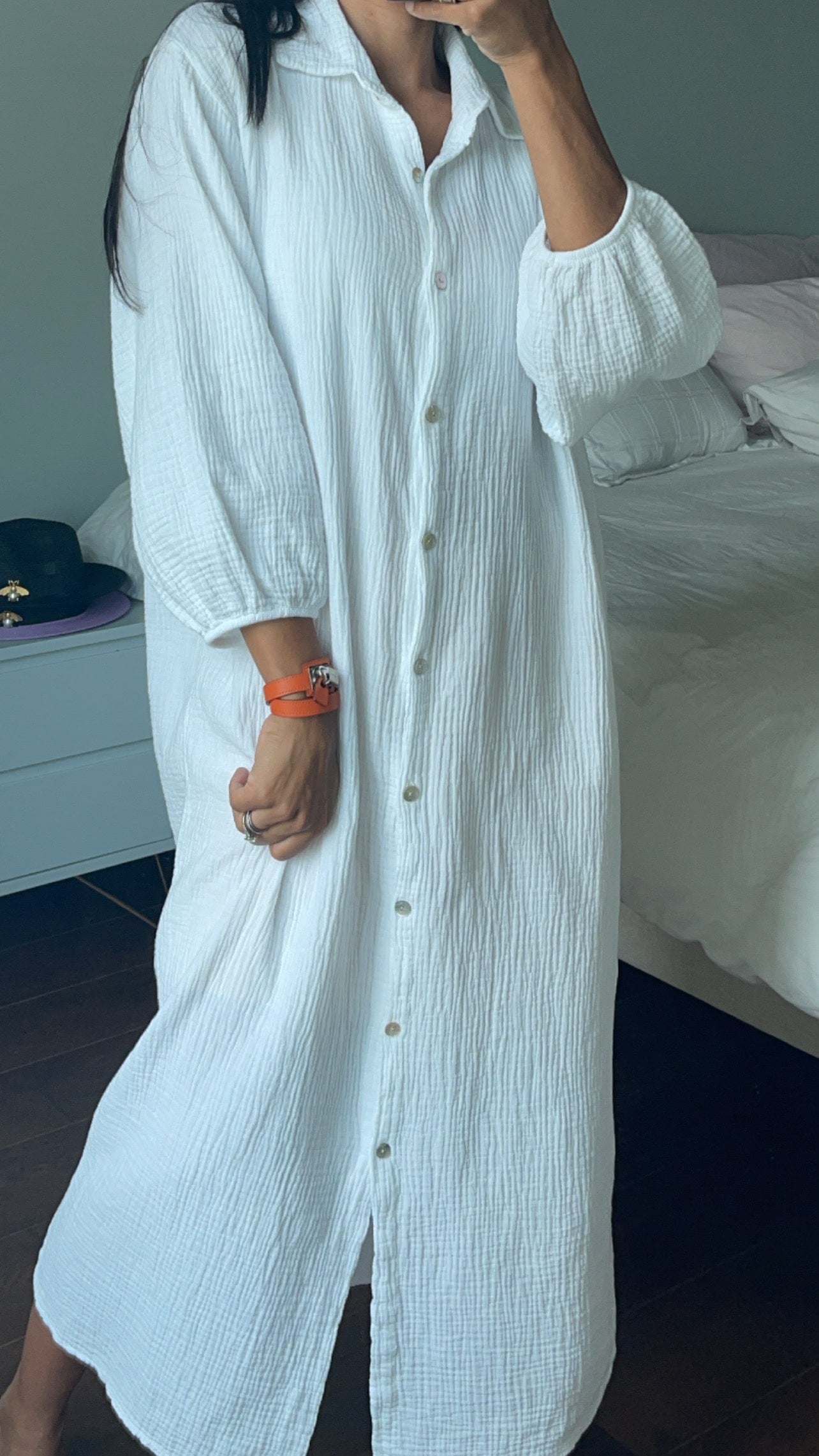 Robe en gaze de coton blanc cassé à texture naturelle