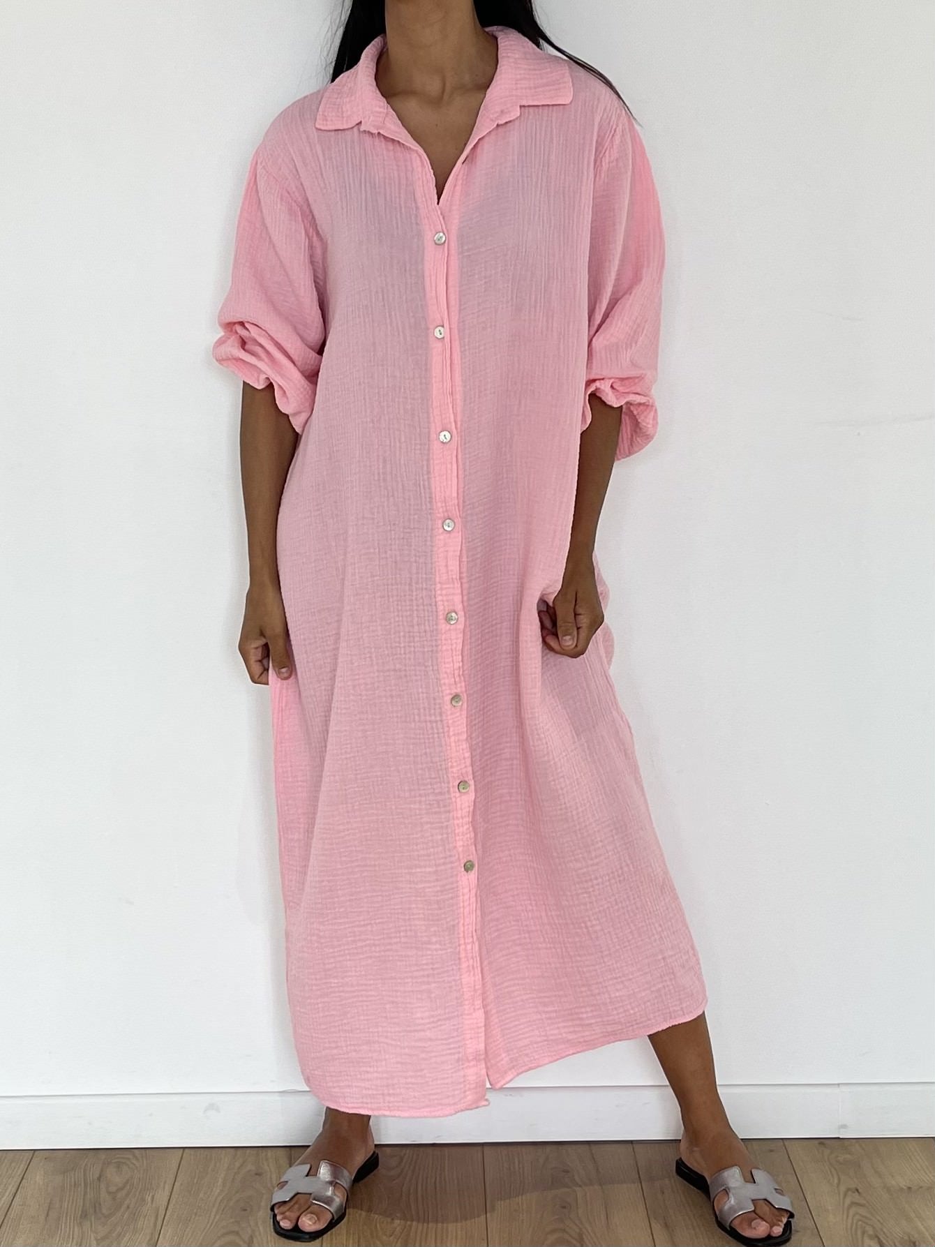 Robe longue fluide en gaze de coton rose