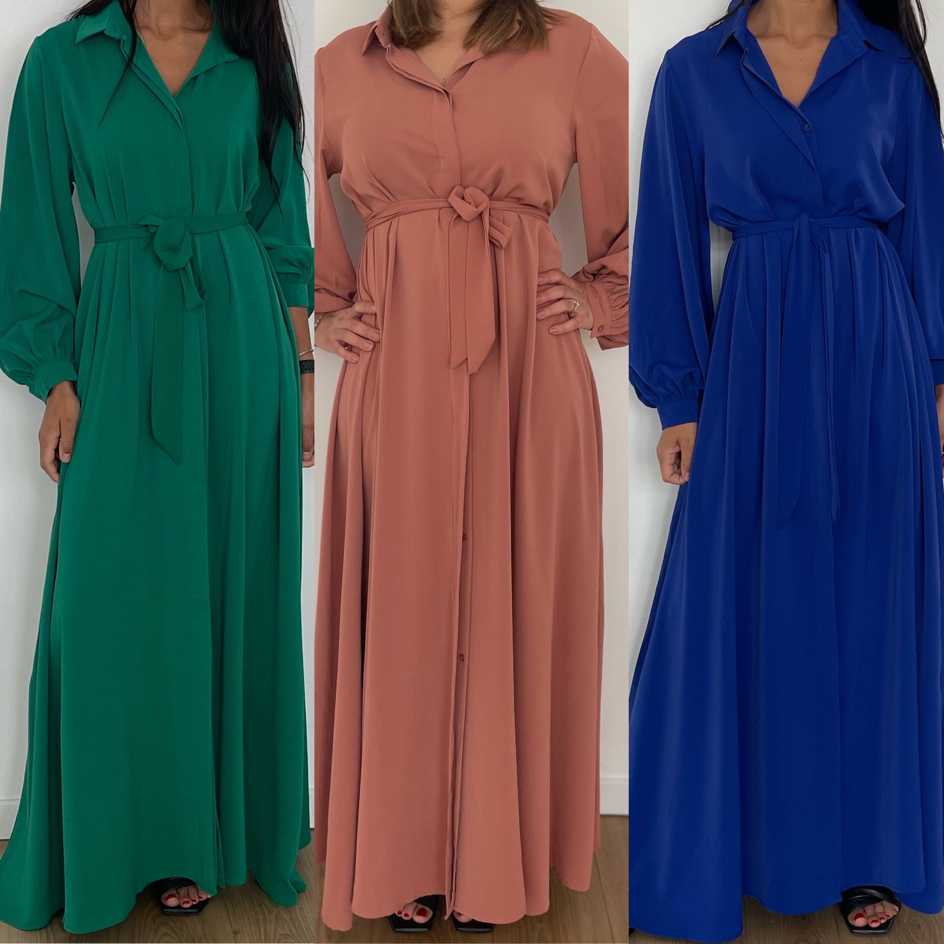 Collection de robes de soirée longues ceinturées en vert, rose poudré et bleu royal